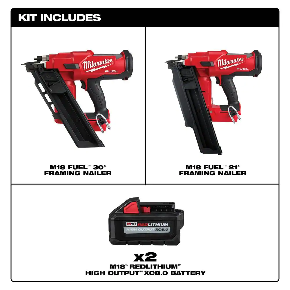Milwaukee M18 FUEL 3-1/2 in. 18-Volt 30-Degree Lithium-Ion Brushless Cordless Nailer w/3.5 in. 21-DG Nailer, Two 6Ah HO Batteries
