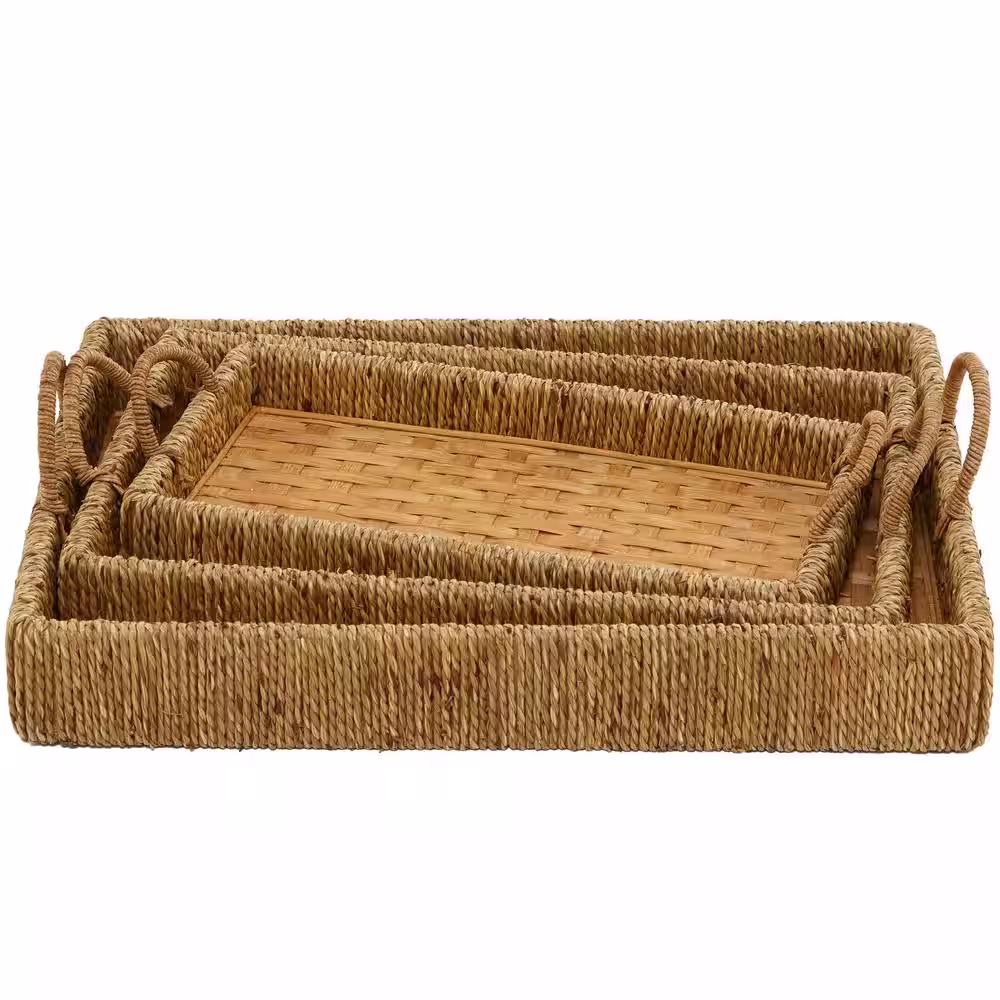 Litton Lane Brown Bamboo Woven Decorative Tray with Handles (Set of 3)