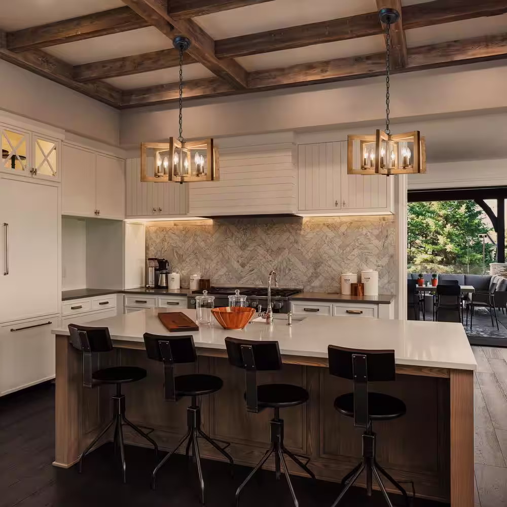 Uolfin Farmhouse Wood Light Brown Chandelier, 20 in. 3-Light Transitional Cage Kitchen and Dining Room Hanging Pendant Light