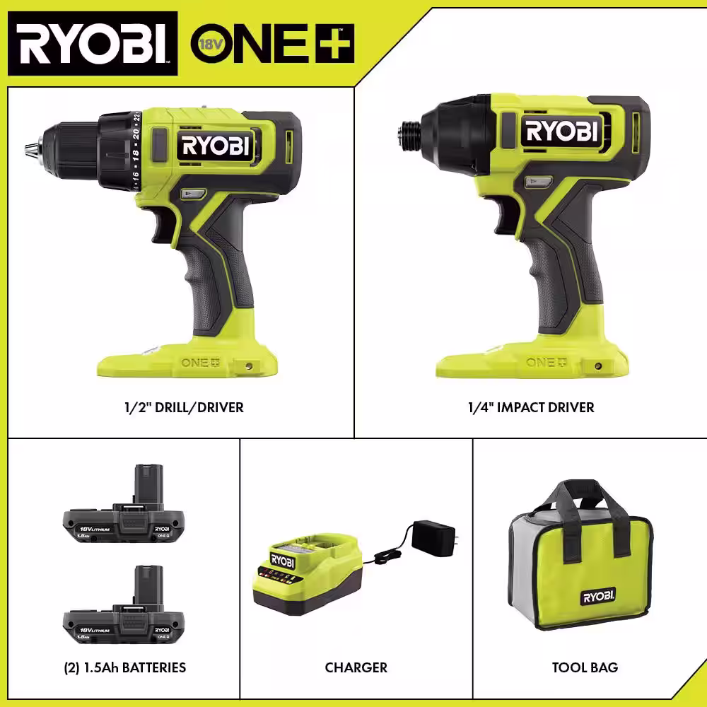 RYOBI ONE+ 18V Cordless 2-Tool Combo Kit w/ Drill/Driver, Impact Driver, (2) 1.5 Ah Batteries, Charger, & FREE 1.5 Ah Battery