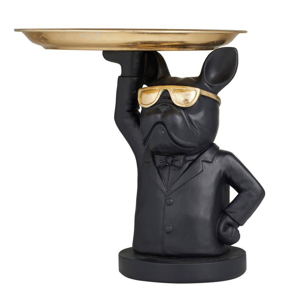 Litton Lane Black Polystone Bulldog Sculpture with Tray Top