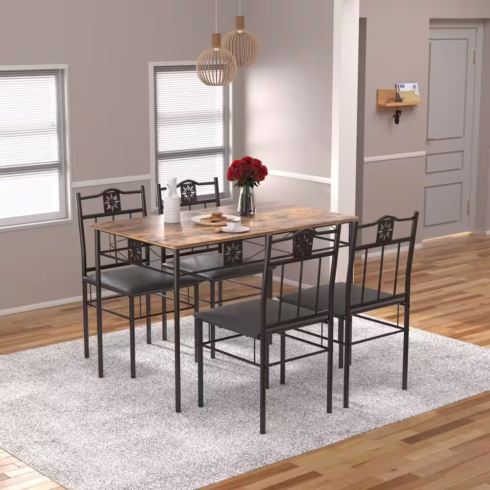 VECELO 5-Piece Dining Table Set Wooden Kitchen Table 1 Table 4 Chairs Metal Legs, Rectangular Dining Table Setsï¼?2.1