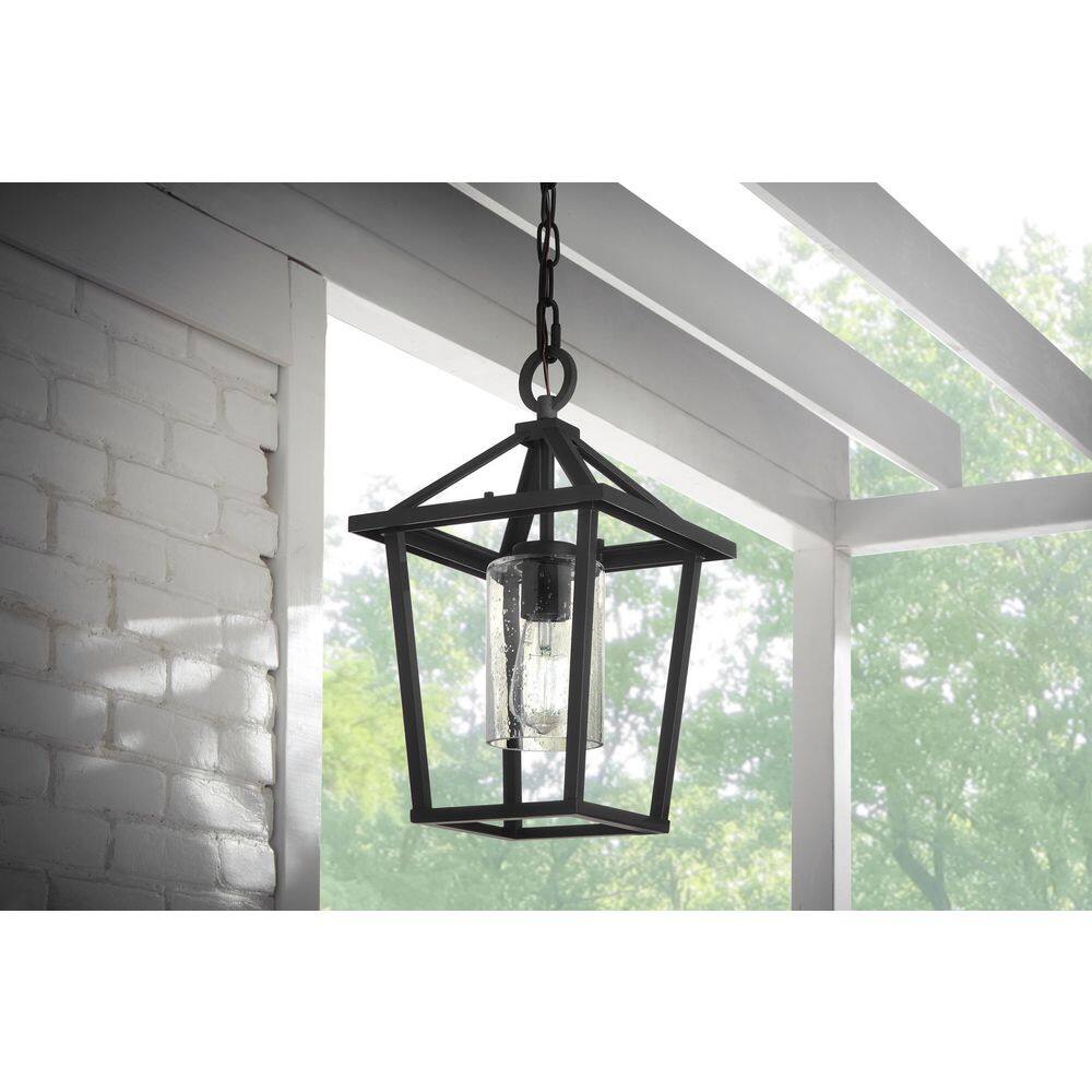 Home Decorators Collection Jill 1-Light 9.5 in. Textured Black Weathered Zinc Outdoor Pendant Light with Clear Seedy Glass