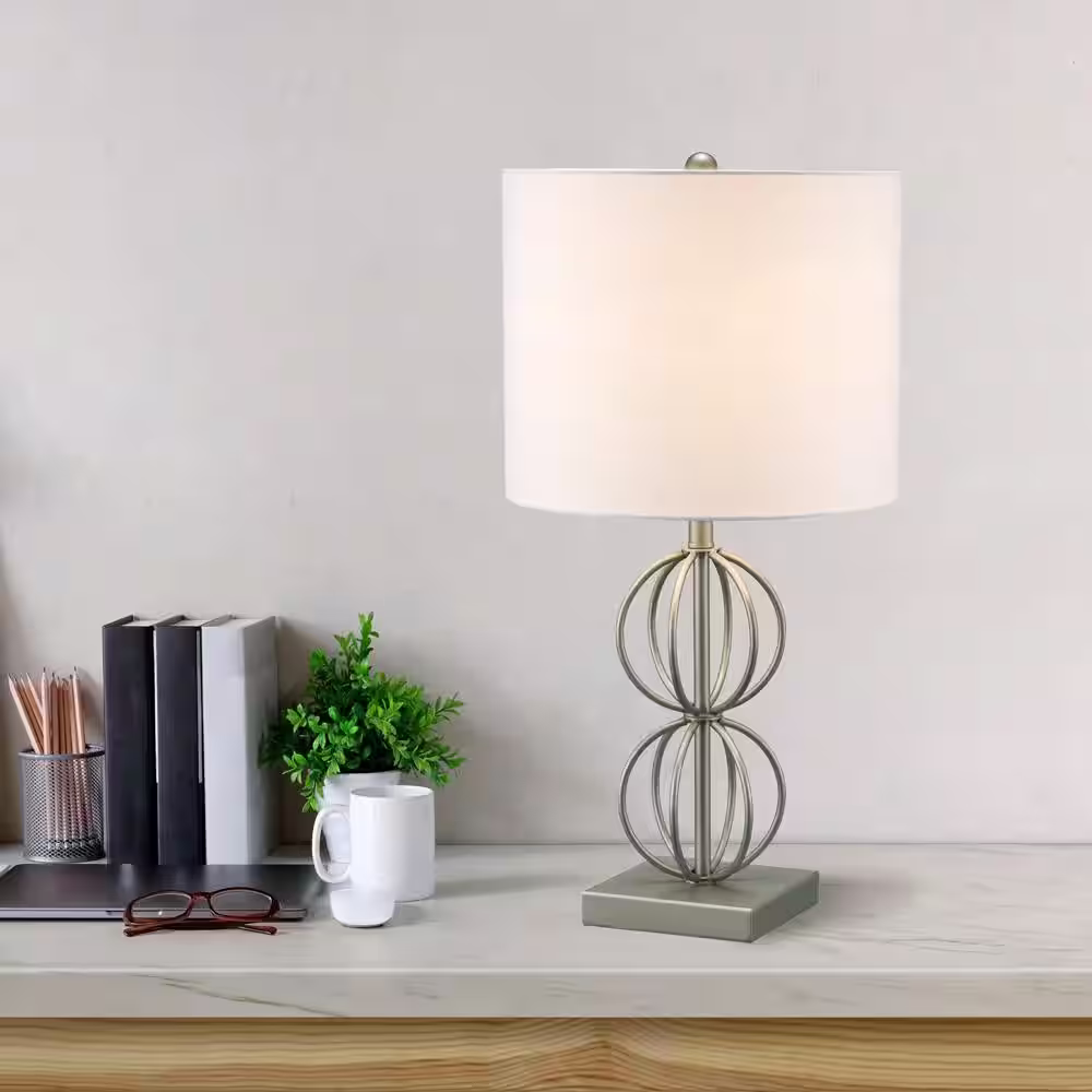 Monteaux Lighting 23 in. 1-Light Pewter Indoor Table Lamp with Fabric Lamp Shade and Geometric Metal base