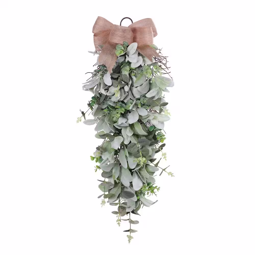Puleo International 30 in. Front Door Swag with Burlap Bow and Lambs Ear and Greenery Leaves