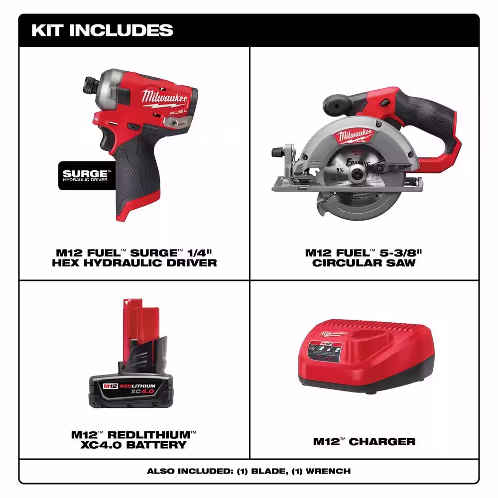 Milwaukee M12 FUEL SURGE 12-Volt Lithium-Ion Brushless Cordless 1/4 in. Impact Driver & 5-3/8 in Circular Saw w/Battery & Charger