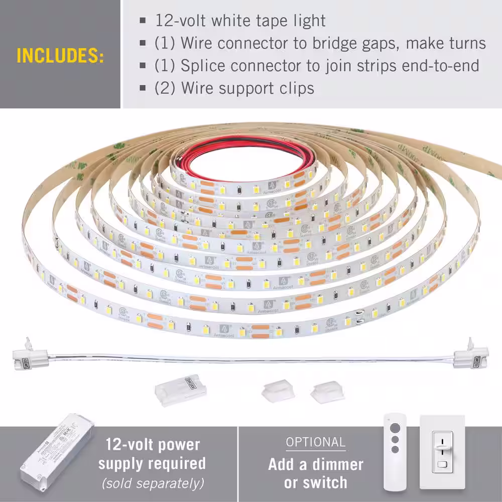 Armacost Lighting RibbonFlex Pro 65.6 ft. Hardwired 2700K Warm White 12V 60 LED/m Integrated LED Under Cabinet Strip Light 20M