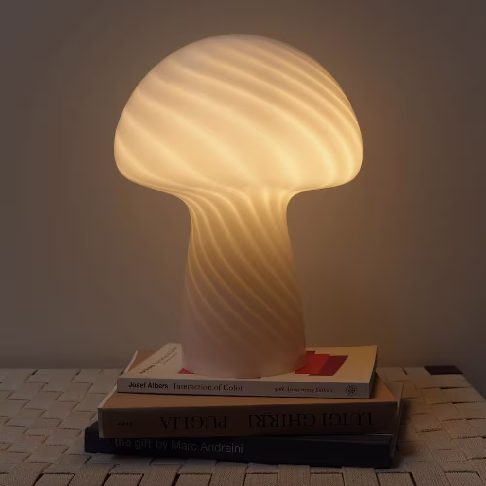 Brightech Mushroom 12.75 in. White LED Round Table Lamp with Striped Glass Shade