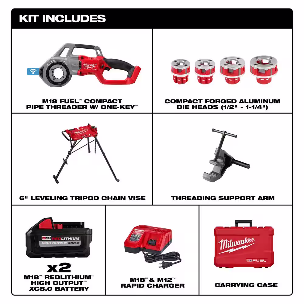 Milwaukee M18 Fuel One-Key Cordless Brushless Pipe Threader Kit with Tripod Chain Vise Stand (2-Tool)