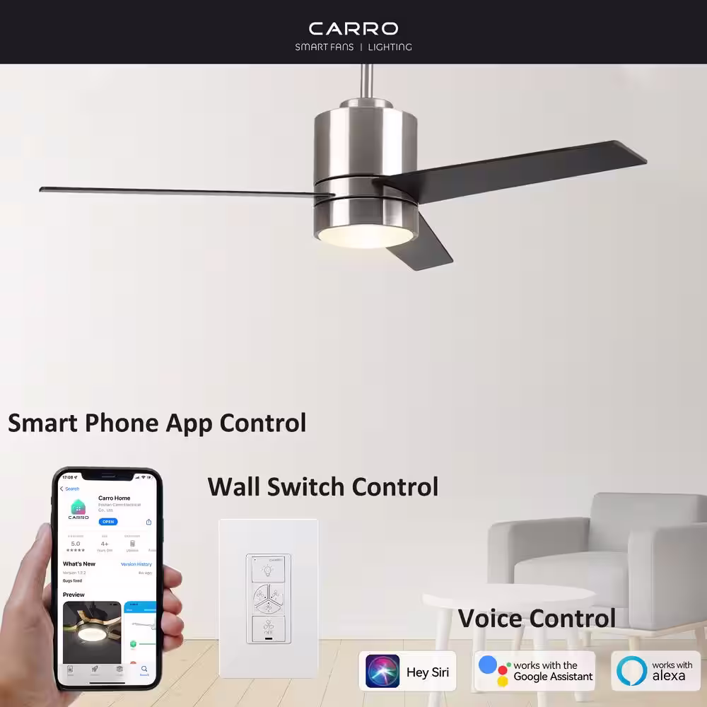 CARRO Ranger 52 in. LED Indoor Brushed Nickel Smart Ceiling Fan with Light Kit and Wall Control, Works with Alexa/Google Home