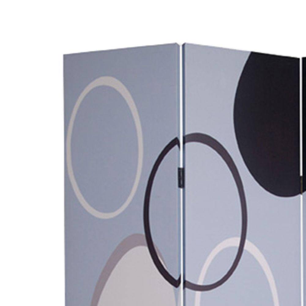 Benjara Black and Gray 3-Panel Room Divider with Overlapping Circles Pattern
