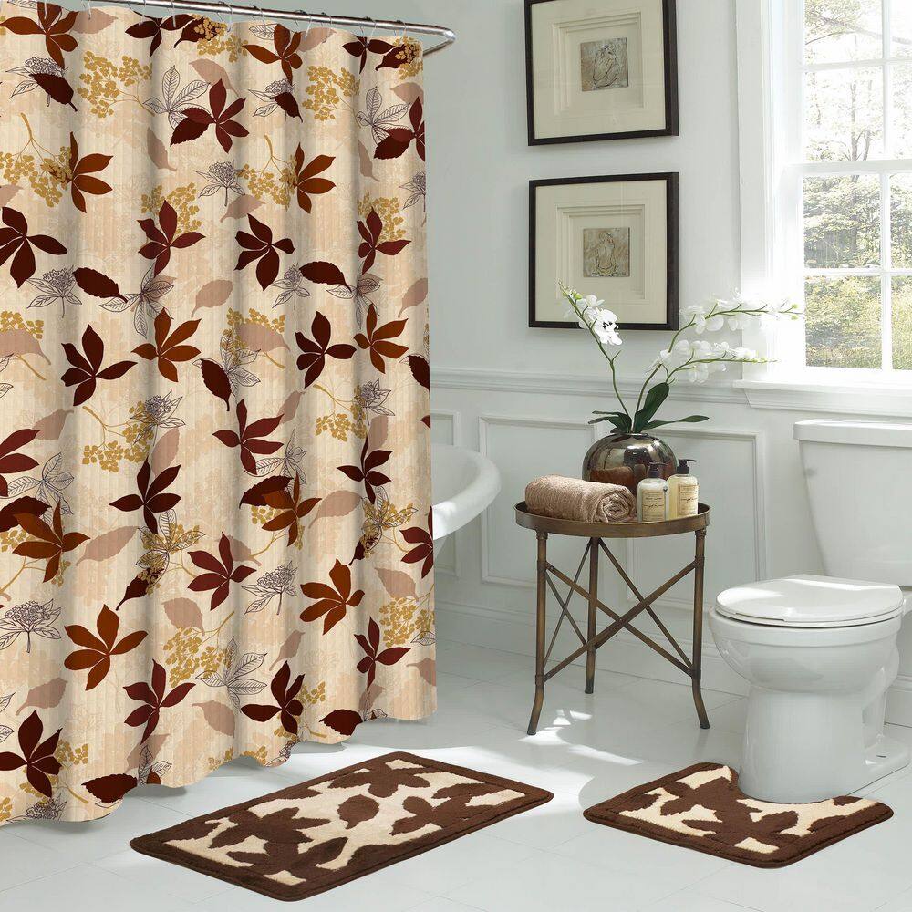 Bath Fusion Blowing Leaves 18 in. L x 30 in. W 15-Piece Bath Rug and Shower Curtain Set in Dark Brown