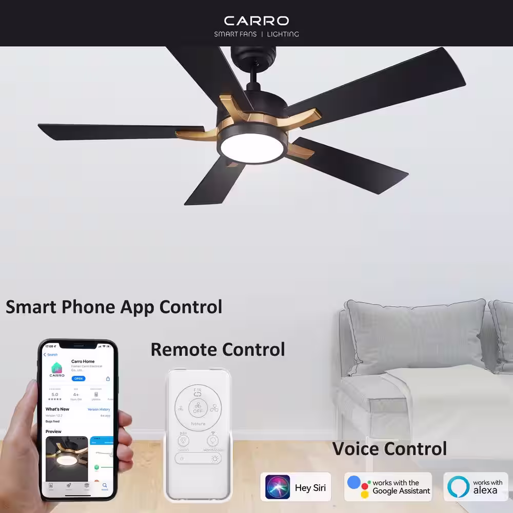 CARRO Apex 52 in. Integrated LED Indoor/Outdoor Black Smart Ceiling Fan with Light and Remote, Works w/Alexa/Google Home