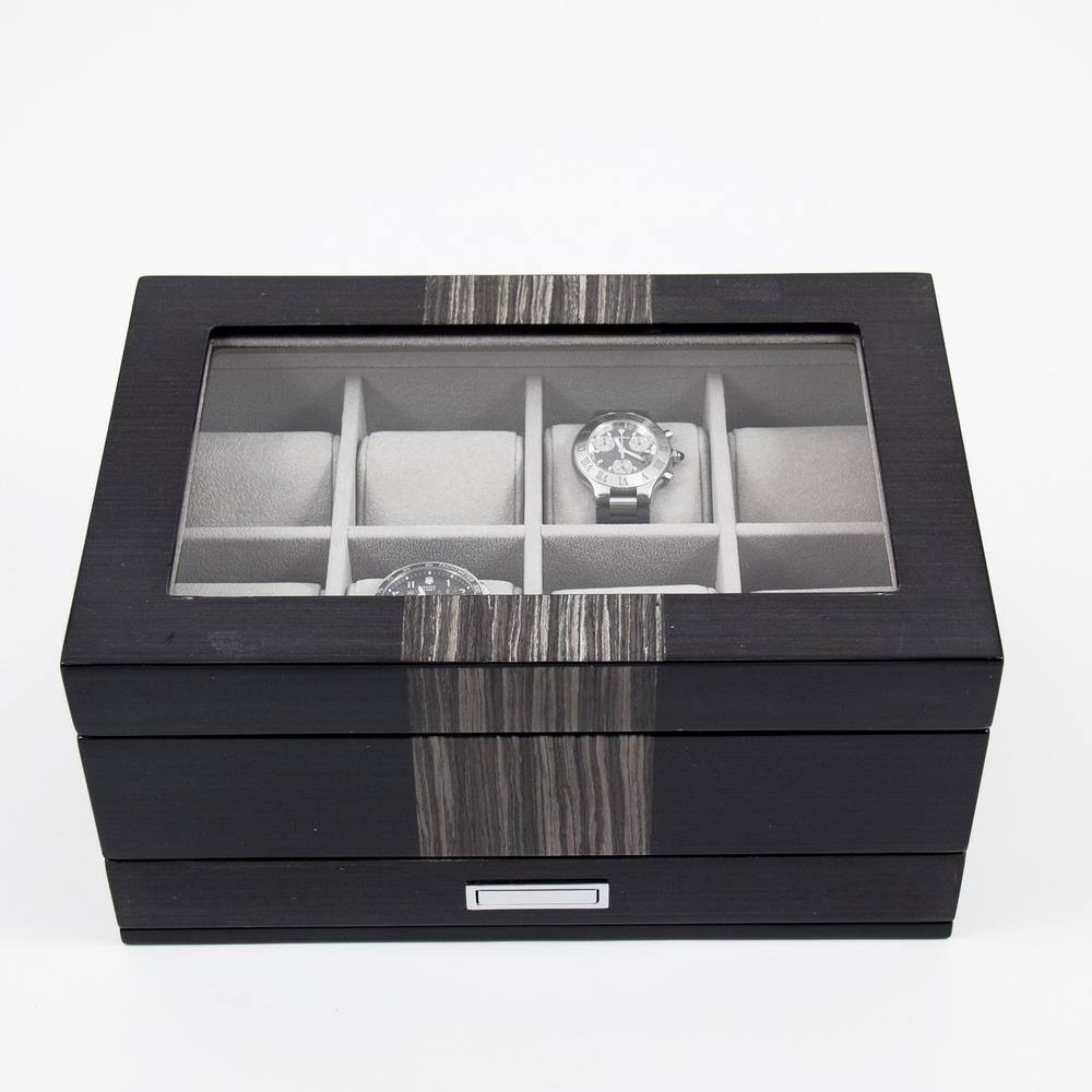BEY-BERK Lacquered Wenge Wood 8-Watch Box with Glass Top Drawer for Cufflinks and Pens