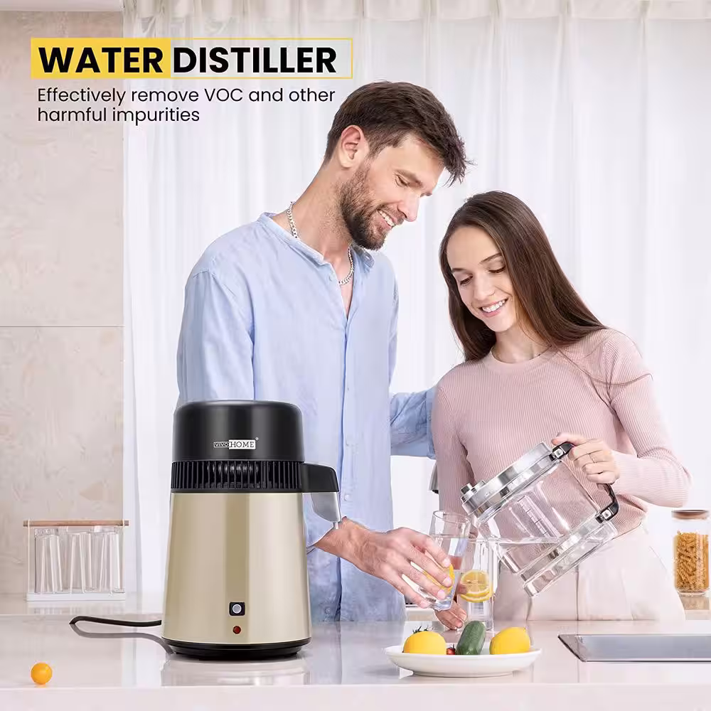 VIVOHOME 16-Cup Gold Brushed 304 Stainless Steel Water Distiller Machine with a Switch Purifier Filter