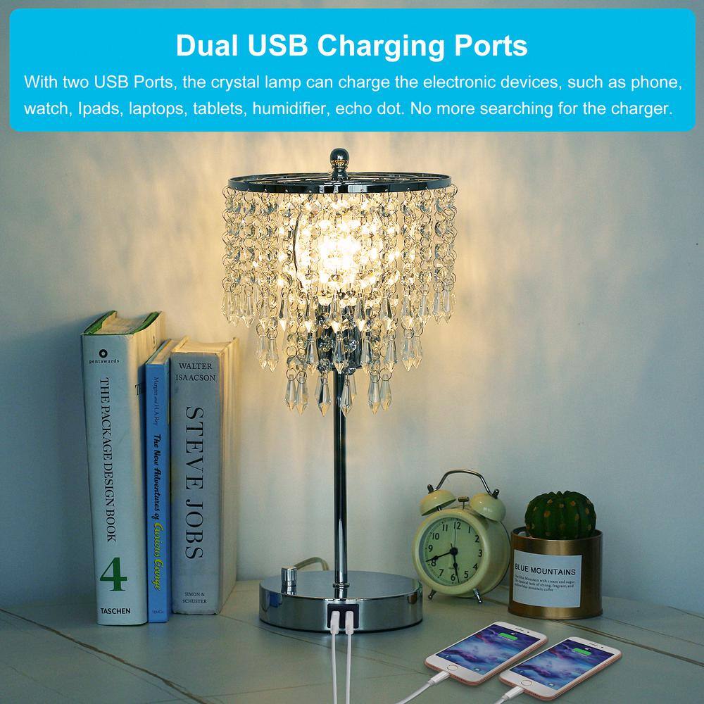 YANSUN 17 in. Chrome LED Integrated Table Lamp with 3-Way Dimmer Rotary Switch and Dual USB Charging Ports