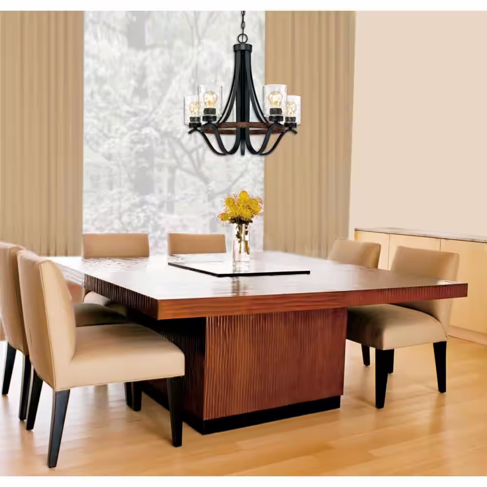 Westinghouse Barnwell 5-Light Textured Iron and Barnwood Chandelier with Clear Hammered Glass Shades