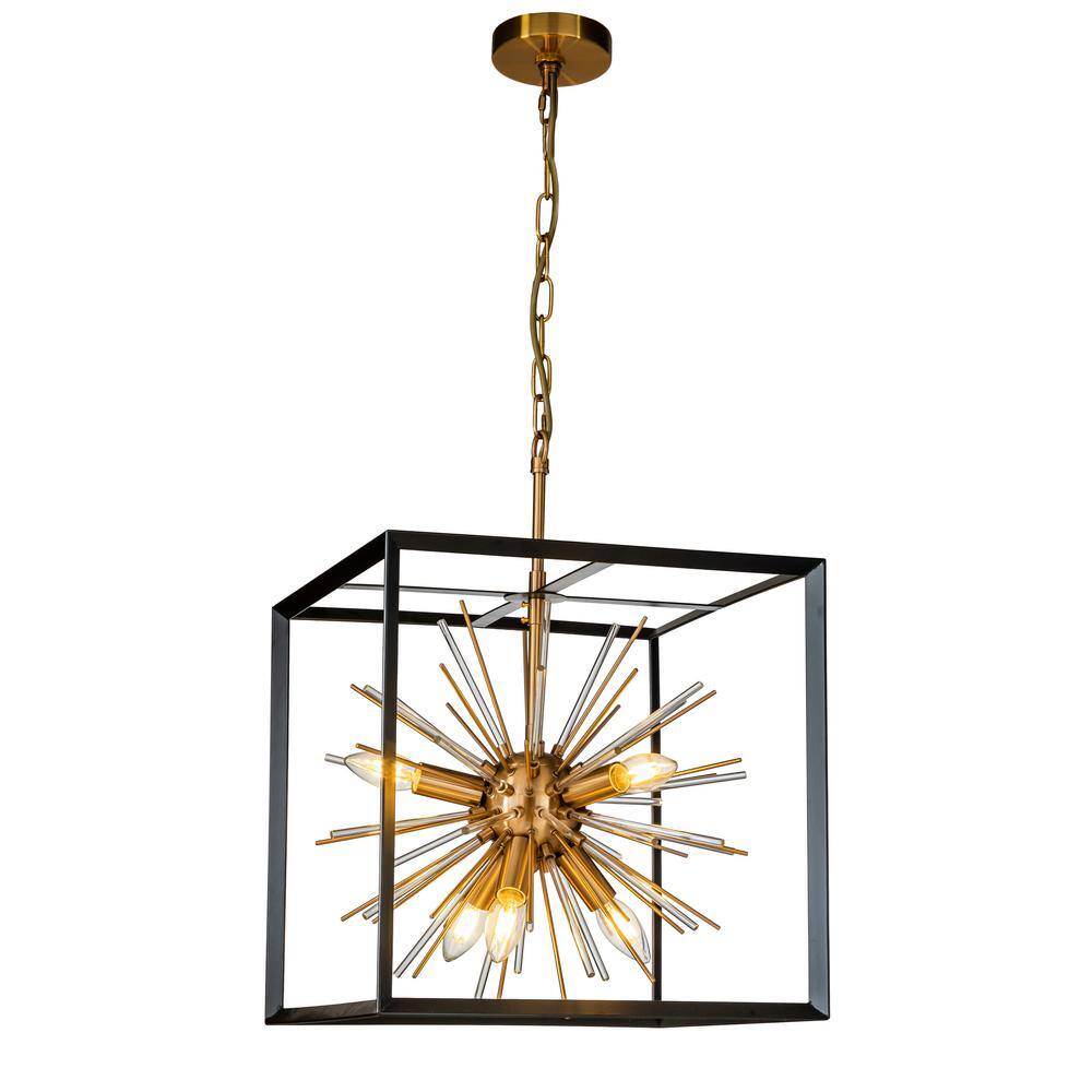 ALOA DECOR 6-Light Modern Gold Sputnik Sphere Industrial Caged Chandelier Starburst Satellite Lantern Pendant Ceiling Lighting