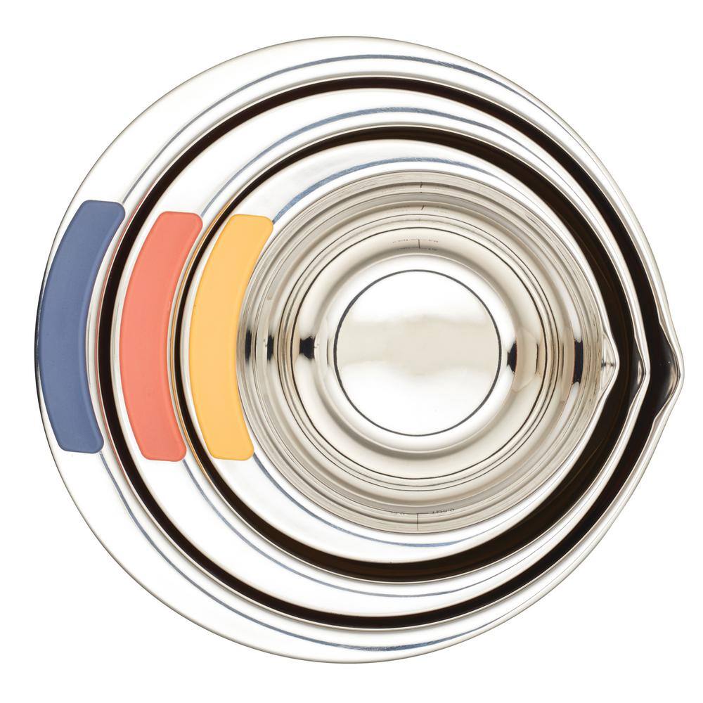Ayesha Curry Pantryware Stainless Steel Nesting Mixing Bowls Set, 3-Piece, Silver with Color Accent Handles