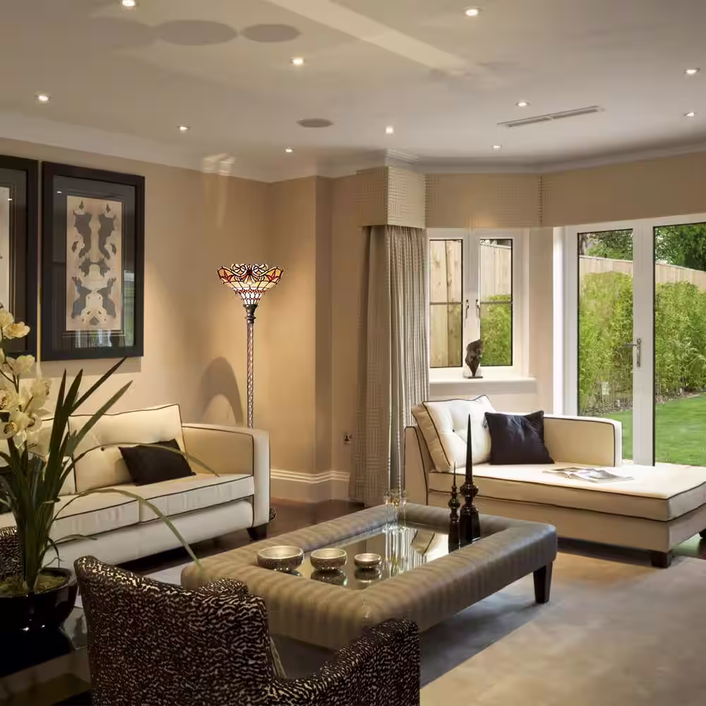 WAREHOUSE OF TIFFANY 72 in. Multi-Color Antique Bronze Baroque Stained Glass Floor Lamp with Foot Switch