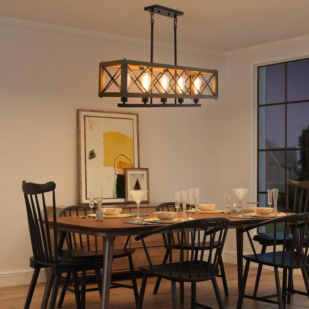 LNC Wood Chandelier 5-Light Farmhouse Black Linear Rectangular Chandelier Island Kitchen Dining Room Chandelier