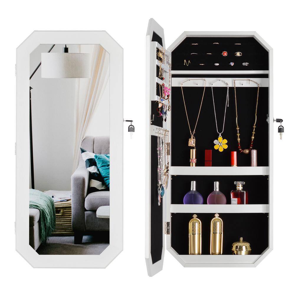 None Jewelry Storage Mirror Cabinet Lockable Full Mirror Octagon Fashion Can Be Hung On The Door Or Wall (White)