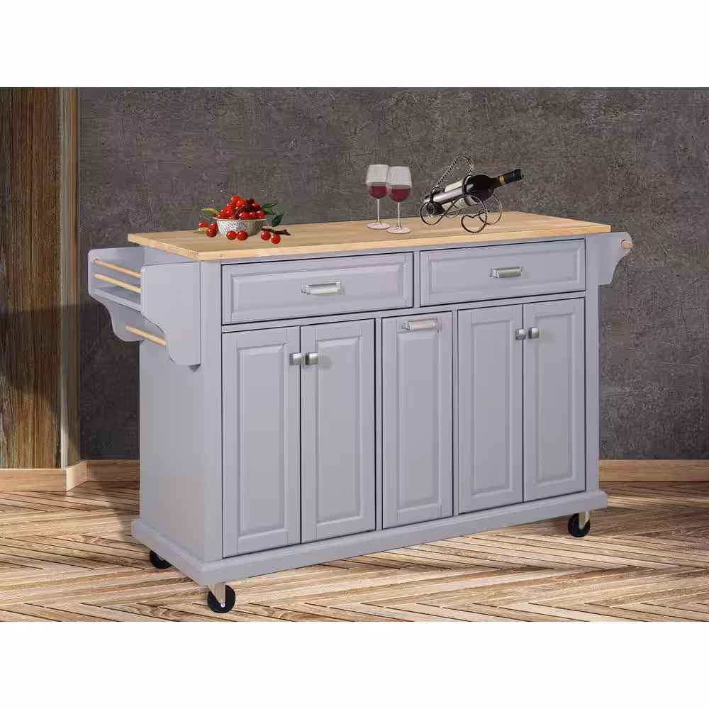 None Gray Wood 60.50 in. Kitchen Island with Drawers and doors