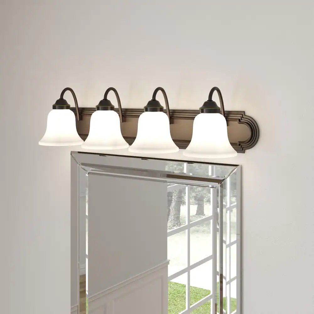 Progress Lighting Solvang 30 in. 4-Light Antique Bronze Vanity Light with Etched Alabaster Glass Shades