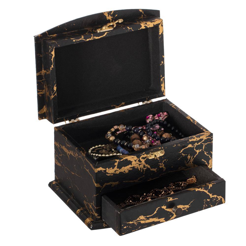 Vintiquewise Black and Gold Marble Decorative Modern Wooden Jewelry Box Holder with Lining, and Drawer