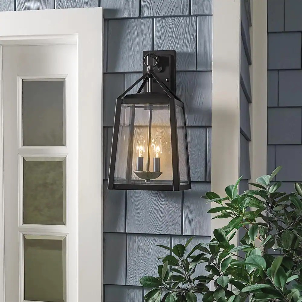 Home Decorators Collection Blakeley Transitional 2-Light Black Outdoor Wall Light Fixture with Clear Beveled Glass