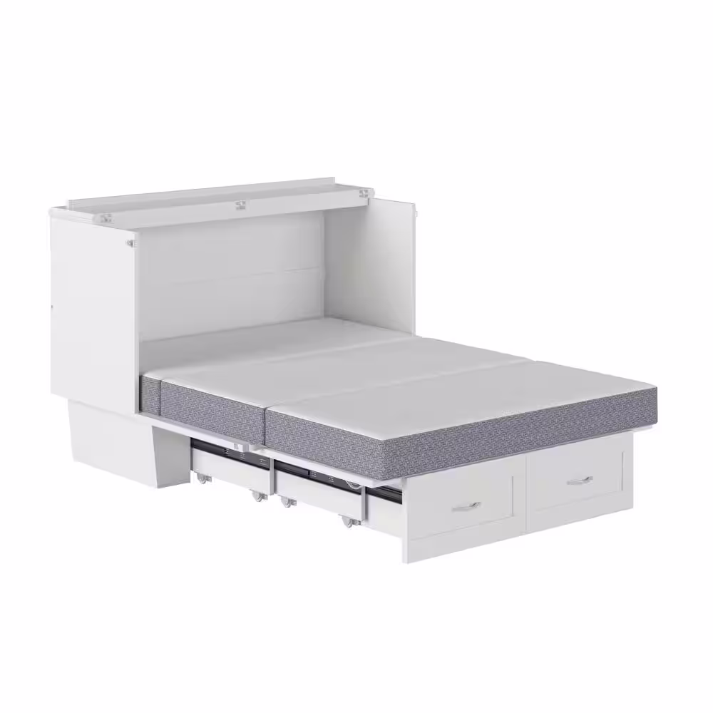 None Monroe White Solid Wood Full Size Frame Murphy Bed Chest with Memory Foam Mattress USB Charger and Storage Drawer