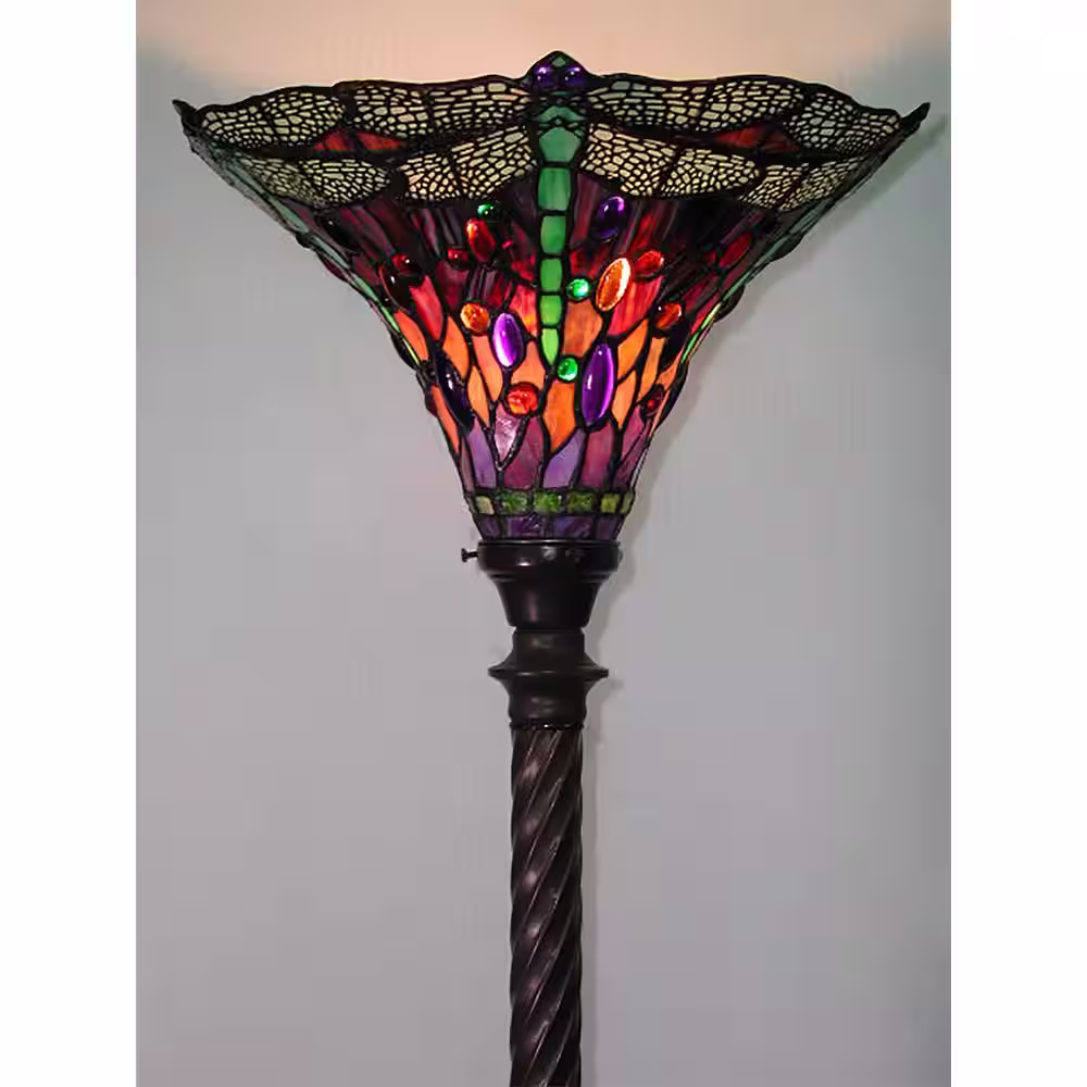 WAREHOUSE OF TIFFANY 72 in. Antique Bronze Dragonfly Stained Glass Floor Lamp with Foot Switch
