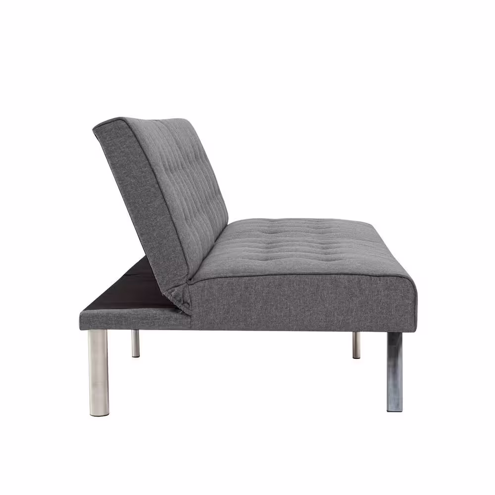 HOMESTOCK Gray, Linen Tufted Split Back Futon Sofa Bed, Linen Couch Bed, Futon Convertible Sofa Bed with Metal Legs