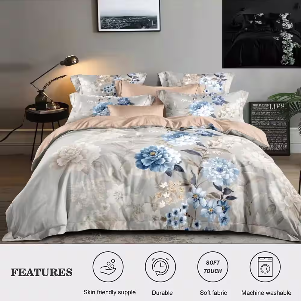 Shatex Shatex Comforter Twin Size Bedding Set- 2 Piece All Season Soft Polyester Bedding Comforters- Gray with Blue Floral