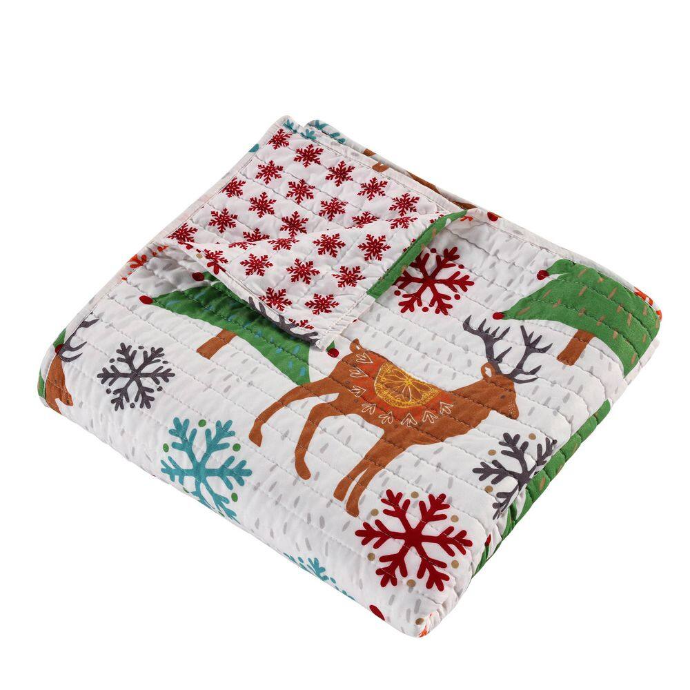 None Tinsel Green Cream Red Reindeer Christmas Tree Quilted Microfiber Throw Blanket