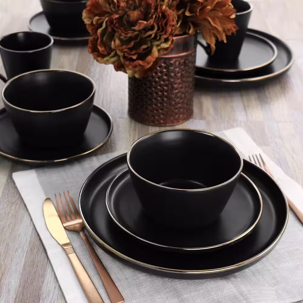 Elama Paul 16-Piece Stoneware Dinnerware Set in Matte Black with Gold Rim