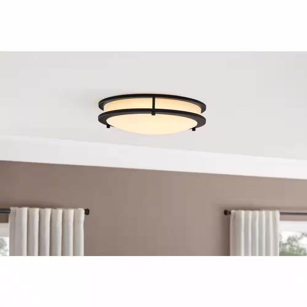 Hampton Bay Flaxmere 14 in. Matte Black Dimmable LED Flush Mount Ceiling Light with Frosted White Glass Shade