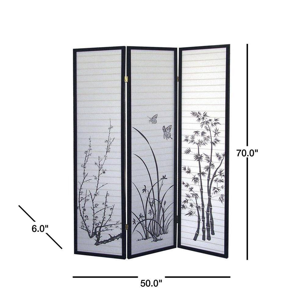ORE International 70 in. Solid Black Bamboo Floral 3-Panel Room Divider