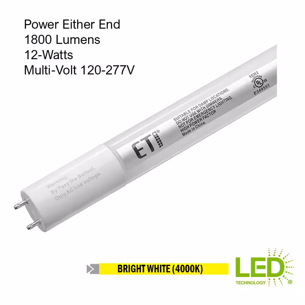 ETi 4 ft. 12-Watt Linear LED Light Bulb Tube T8 Power Either End Integral Driver 1800 Lumens 4000K Bright White