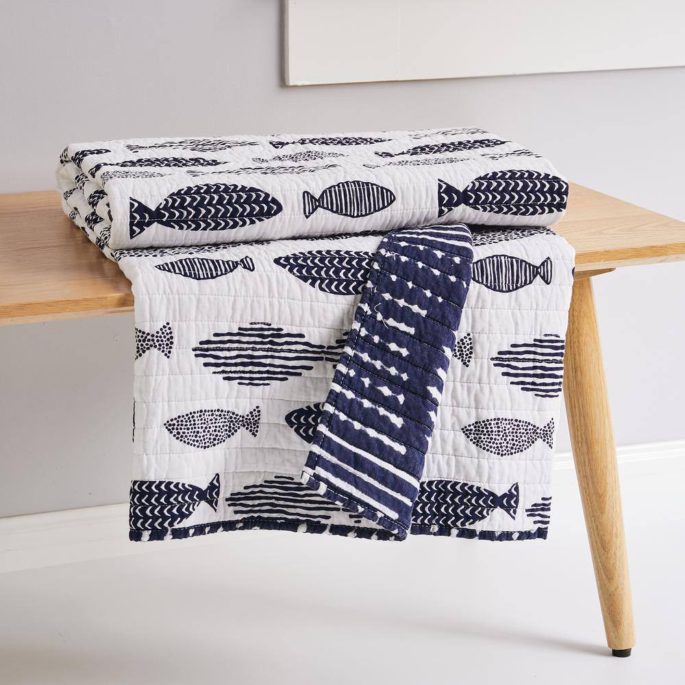 LEVTEX HOME Bakio Navy, White Quilted Cotton Throw Blanket