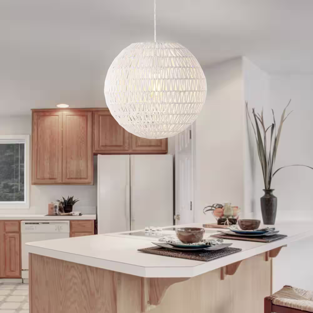 JONATHAN Y Luna 15.7 in. Woven Rattan Orb LED Pendant, White