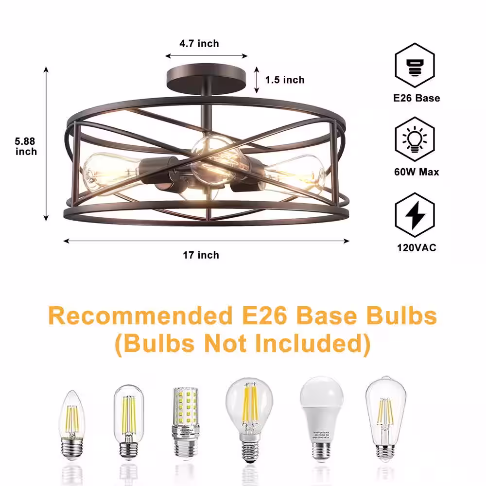 None 17 in. 4-Light Bronze Caged Drum Semi-Flush Mount
