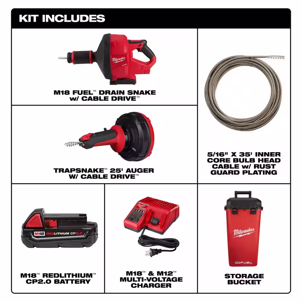 Milwaukee M18 FUEL 18-Volt Lithium-Ion Cordless Drain Cleaning Snake Auger with 5/16 in Cable and Trap Snake 25 ft. Auger (2-Tool)