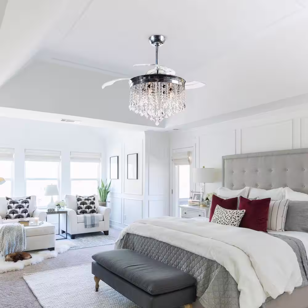 Parrot Uncle Mateo 42 in. Indoor Downrod Mount Retractable Chrome Ceiling Fan Chandelier with Light Kit and Remote Control