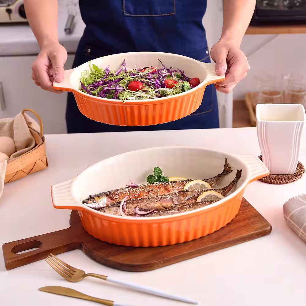 MALACASA 2-Piece Orange Oval Porcelain Bakeware Set 12.75 in. and 14.5 in. Baking Pans
