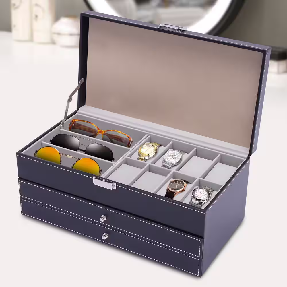 None 15 in. x 6.7 in. Black 3 Layer Watch Box Jewelry Organizer Box Eyeglasses Storage Display Drawer Lockable Case Organizer