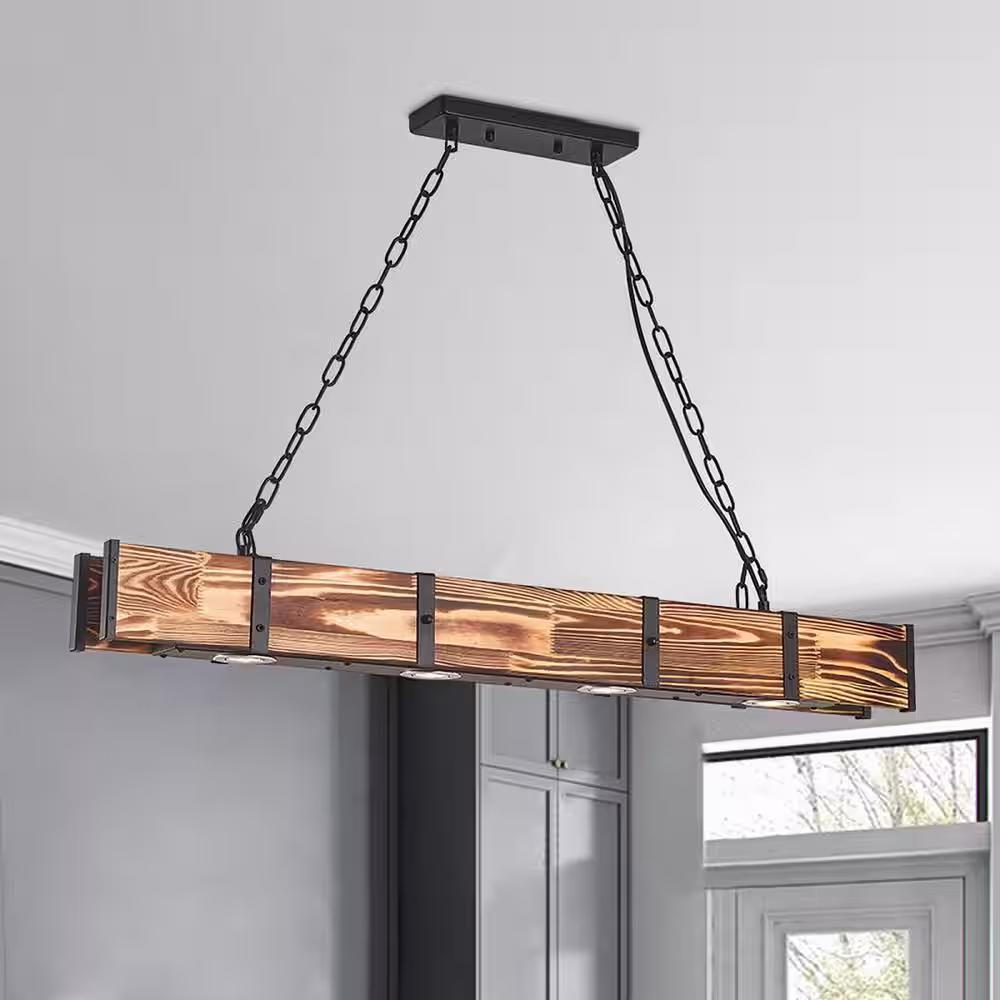 YANSUN 4-Light Wooden Kitchen Island Pendant Light,Modern Linear Lighting Fixture LED Ceiling Light for Kitchen Dining Room Bar