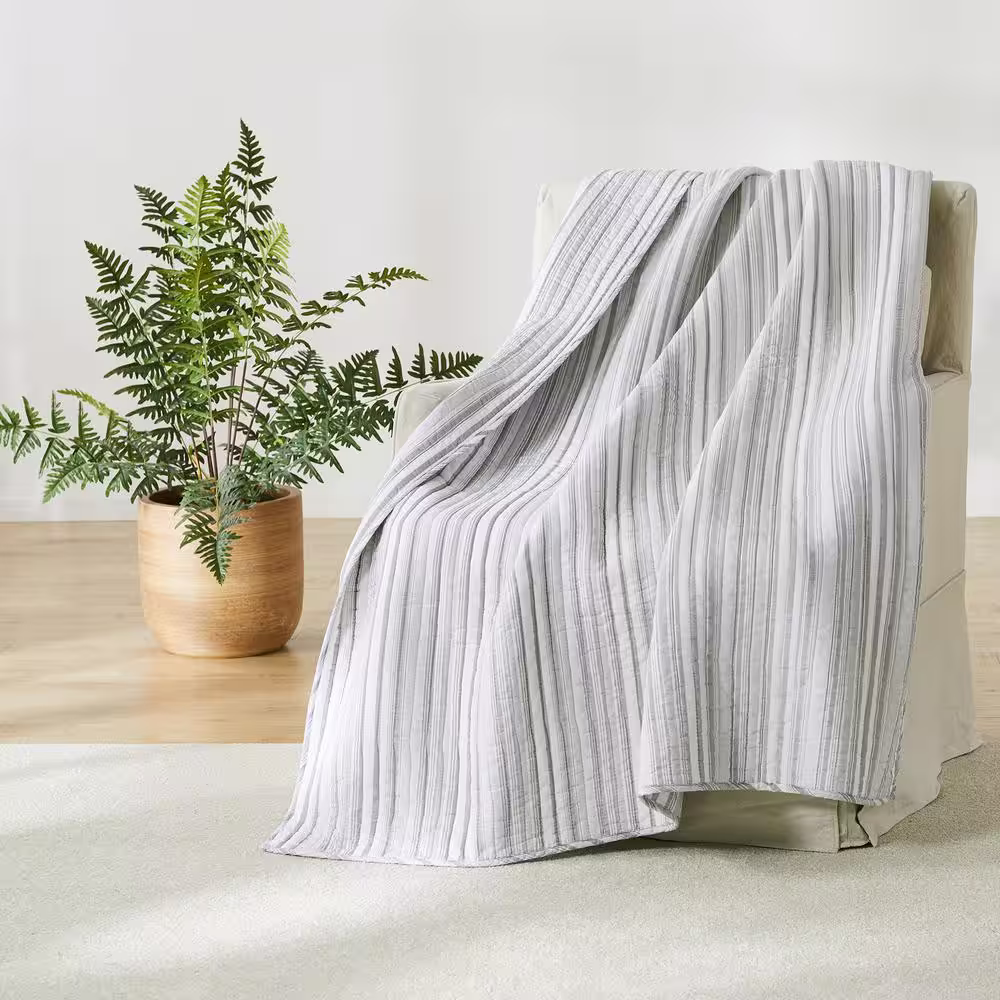 None Bondi Stripe Grey Quilted Cotton Throw Blanket