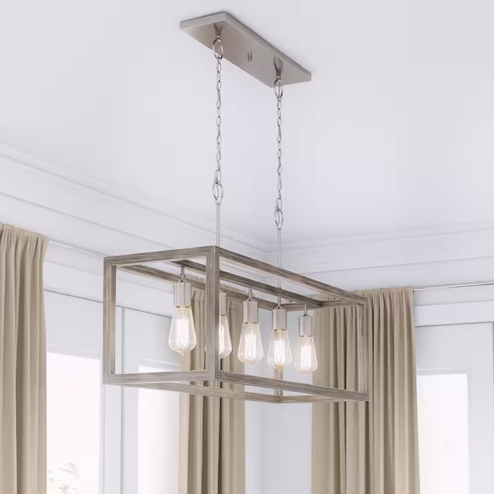 Hampton Bay Boswell Quarter 5-Light Brushed Nickel With Weathered Wood Accents Coastal Linear Island Chandelier Bulbs Included
