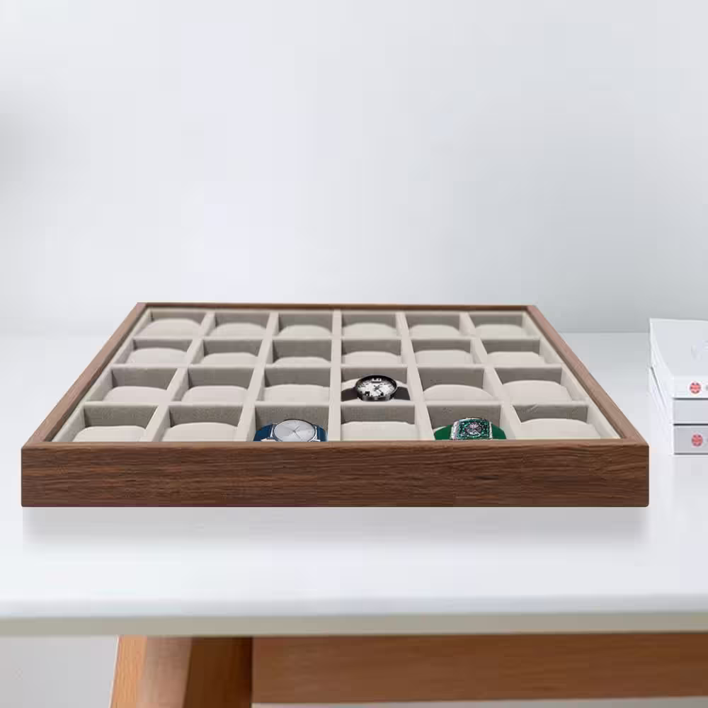 None 24 Slots Wooden Watch Display Tray Jewelry Box Organizer Storage
